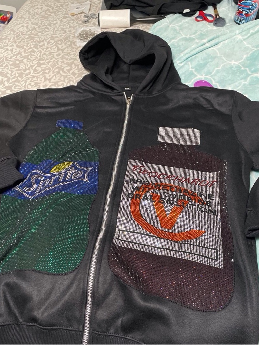 Black Zip-Up Hoodie with Green & Brown Beverage Graphics